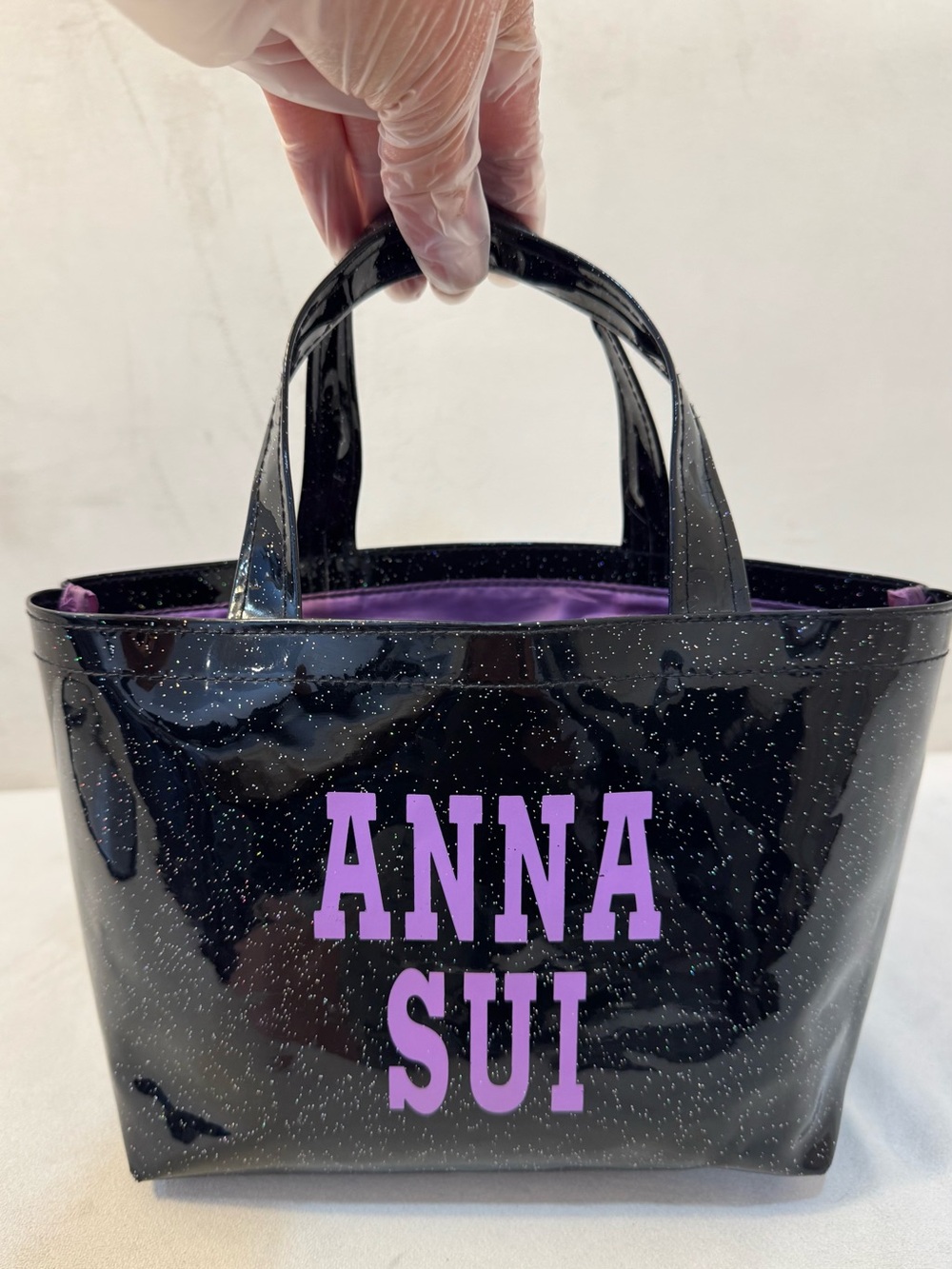 Vintage Anna Sui Mini Tote Bag Black Glitter Purple Logo Designer Rare Aesthetic